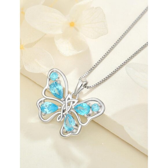 JIWOY Butterfly Necklace Sterling Silver Heart Aquamarine Pendant for Women - Picture 5 of 6